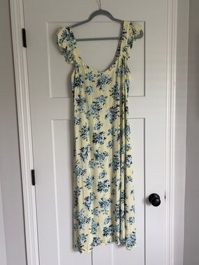 LOFT Yellow Midi Dress with Blue Floral Print